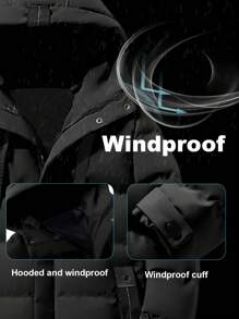 Boyfriend Style Men's Thick Mid-Length Hooded Casual Jacket With Drawstring, Pockets, Windproof And Waterproof, -Padded, Winter Boyfriend Style Men Clothes Daily Outfit Padded Jacket Puffer Jacket Christmas Gifts Christmas Clothes Cold Weather Clothes - Black - View 6