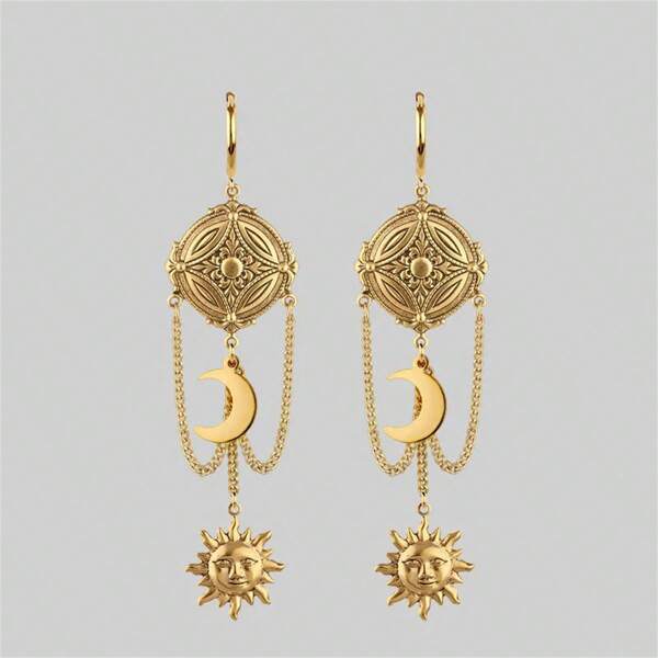 1 Pair Bohemian Minimalist Sun Moon Flower Disc Chain Drop Earrings, Fashion Jewelry Gift For Women Festival Party