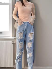 Mom Jeans con perlas,brillos - Lavado ligero - Ver 2