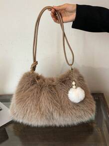 Solid Color Fuzzy Shoulder Bag, Autumn & Winter - Khaki - View 6