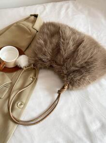 Solid Color Fuzzy Shoulder Bag, Autumn & Winter - Khaki - View 5