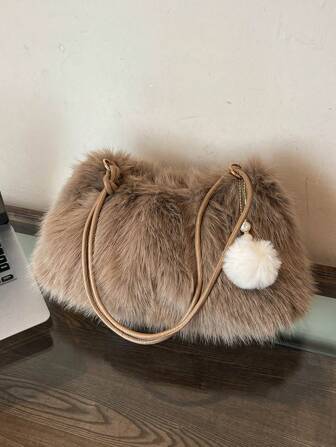 Solid Color Fuzzy Shoulder Bag, Autumn & Winter
