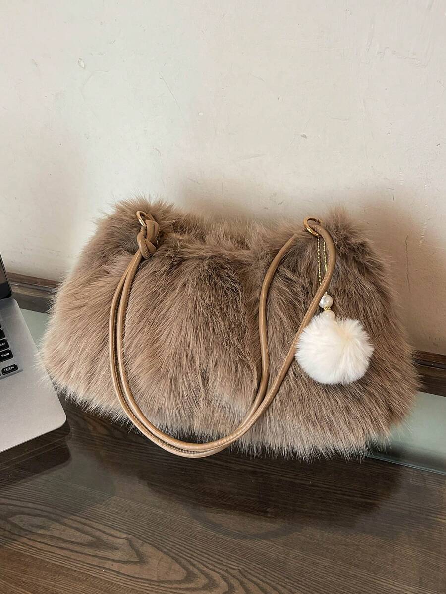 Solid Color Fuzzy Shoulder Bag, Autumn & Winter - Khaki - View 1