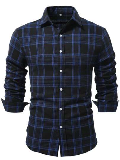 Men's Front Button Closure Long Sleeve Plaid Casual Shirt, Fall