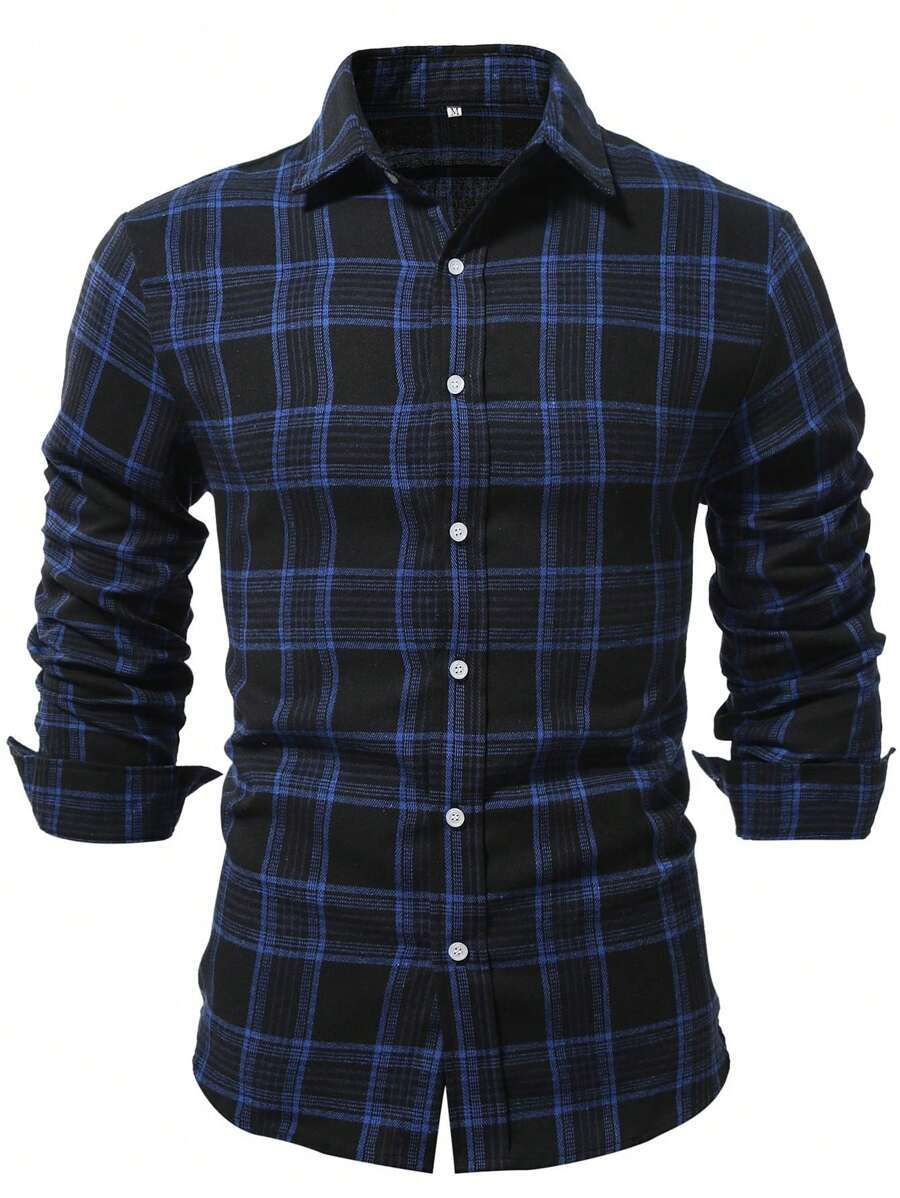 Men's Front Button Closure Long Sleeve Plaid Casual Shirt, Fall - Blue - View 1