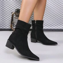 Women's Black New Fashion Comfortable Minimalist Sexy Elegant Pointed Toe Zipper Side Pull On Platform Thick Heel Ankle Boots And Short Boots - Black - View 4