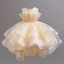 小女孩无袖派对礼服、生日礼服、洗礼礼服、幼儿礼服、婚礼礼服、闪亮优雅公主礼服 - 香檳色 - 查看 1