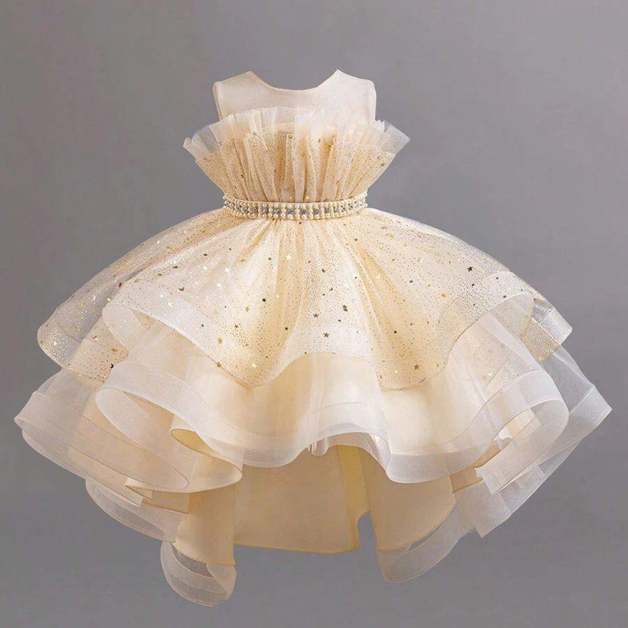 小女孩无袖派对礼服、生日礼服、洗礼礼服、幼儿礼服、婚礼礼服、闪亮优雅公主礼服 - 香檳色 - 查看 1