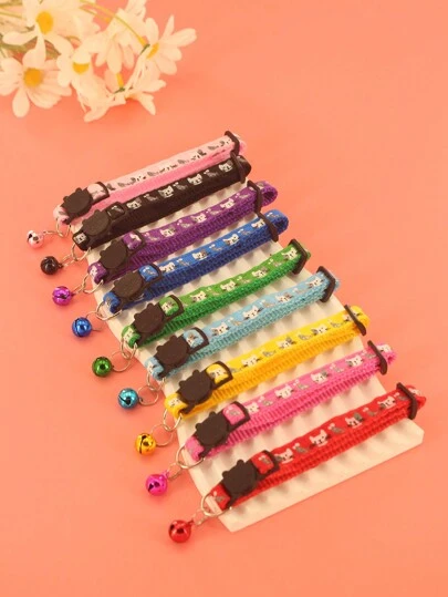 5 件随机奇异卡通图案宠物项圈 - 可调节，佩戴舒适，安全扣，铃铛和可爱的吊坠增添乐趣 - 必备宠物配件，适合猫咪