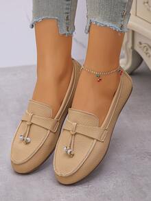 Giày lười đế bằng trang trí khóa kim cương cỡ lớn cho nữ, giày lười mũi tròn đế mềm thoải mái, giày đi bộ nhẹ thường ngày màu trơn - Màu Khaki - Xem 4