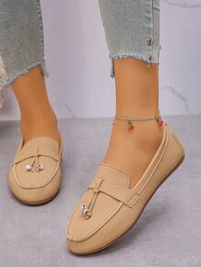 Giày lười đế bằng trang trí khóa kim cương cỡ lớn cho nữ, giày lười mũi tròn đế mềm thoải mái, giày đi bộ nhẹ thường ngày màu trơn - Màu Khaki - Xem 5