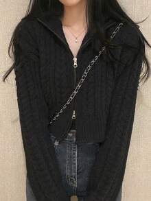 Women's Long Sleeve Casual Dual-Zipper Short Knitted Cardigan - Black - View 5