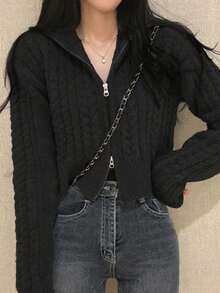 Women's Long Sleeve Casual Dual-Zipper Short Knitted Cardigan - Black - View 7