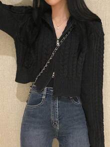 Women's Long Sleeve Casual Dual-Zipper Short Knitted Cardigan - Black - View 6