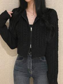 Women's Long Sleeve Casual Dual-Zipper Short Knitted Cardigan - Black - View 3
