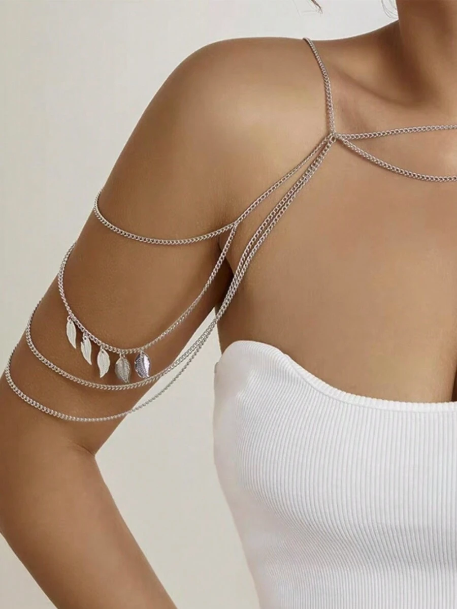 1 chiếc dây chuyền cơ thể trang trí hình lá và tua rua nhiều lớp màu bạc, phong cách Bohemian - Bạc - Xem 1
