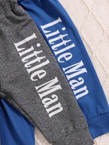 2pcs Baby Boy Letter Print Outfit Set With White Shirt & Blue Striped Pants, With Hat, Autumn/Winter