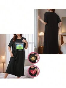Customized Plus Size Photo/Couple/Family/Friend/Pet Photo Printed Comfortable Loose Shift Dress, Suitable For Christmas/Valentine's Day/Anniversary Party, Black Long Dress, Autumn/Winter Dress, Holiday Gift For Summer - Black - View 3