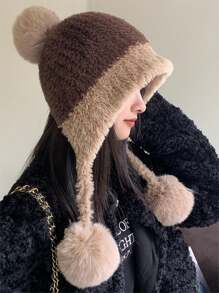 Cozy Winter Beanie With Ear Flaps - Cute Plush Pom-Pom, Thick Thermal Lined Knit Hat For Women, Stretchy Winter Hats For Women Embroidered Hat Halloween