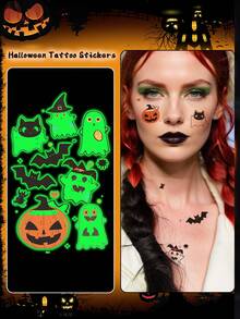 5pcs Halloween Glow-In-The-Dark Stickers, Cartoon Pumpkin, Ghost, Bat Patterns, Waterproof And Sweat-Resistant, Temporary Tattoo Stickers, Unisex, Suitable For Face, Neck, Arms And Other Body Parts, Create Personalized Tattoos - Multicolor - View 2