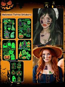 5pcs Halloween Glow-In-The-Dark Stickers, Cartoon Pumpkin, Ghost, Bat Patterns, Waterproof And Sweat-Resistant, Temporary Tattoo Stickers, Unisex, Suitable For Face, Neck, Arms And Other Body Parts, Create Personalized Tattoos - Multicolor - View 1