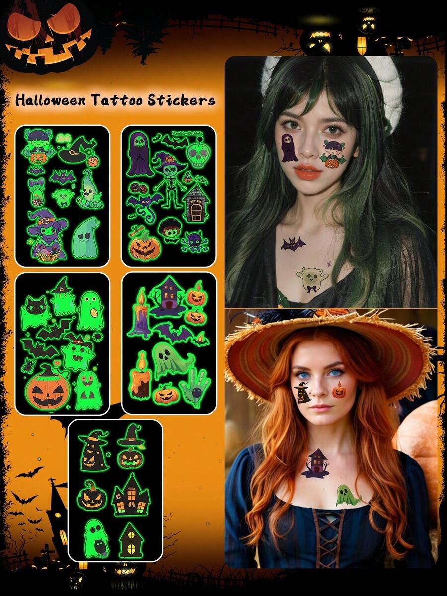 5pcs Halloween Glow-In-The-Dark Stickers, Cartoon Pumpkin, Ghost, Bat Patterns, Waterproof And Sweat-Resistant, Temporary Tattoo Stickers, Unisex, Suitable For Face, Neck, Arms And Other Body Parts, Create Personalized Tattoos - Multicolor - View 1