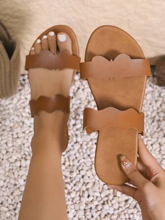 Women Summer New Casual Flat Slip-On Sandals Solid Color Butterfly Wave Design Beach Slippers