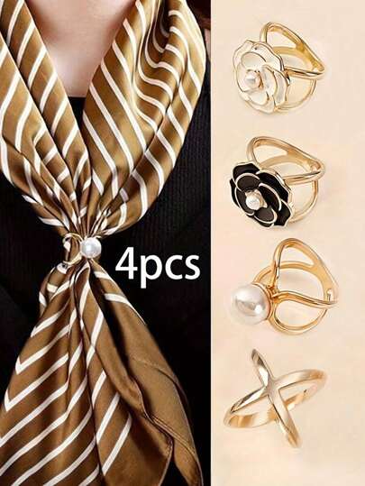 Conjunto de 4 accesorios de mujer: hebilla de seda dorada casual para bufanda, hebilla fija para bufanda y hebilla de esquina