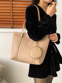 2 件装母女手提包套装带零钱包，时尚大容量绗缝格子手提单肩包女士 - 卡其色 - 查看 5