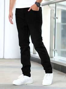 Men's Slim Fit Solid Color Casual Jeans, Stretchy Straight Leg Business Pants With Slant Pockets, Cotton Fabric For Year Round Wear - Black - View 3