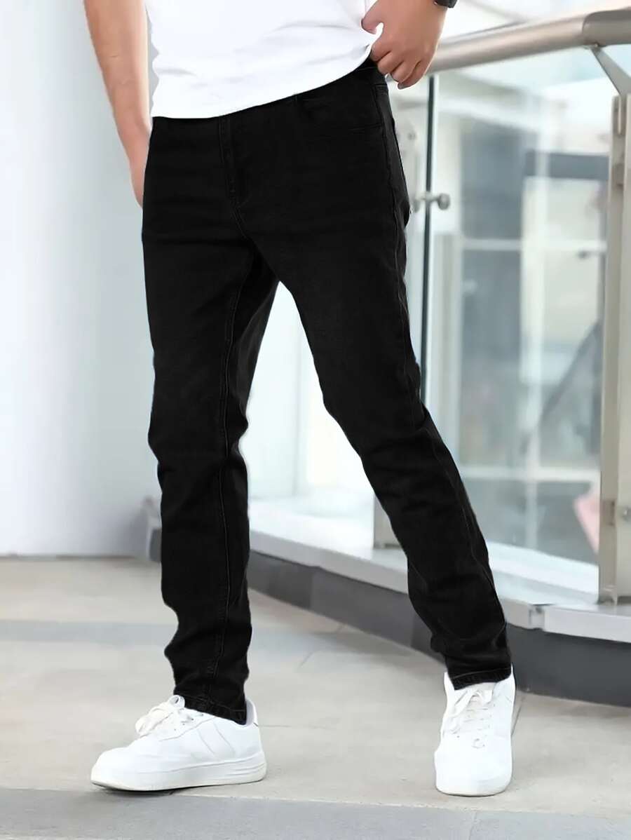 Men's Slim Fit Solid Color Casual Jeans, Stretchy Straight Leg Business Pants With Slant Pockets, Cotton Fabric For Year Round Wear - Black - View 1