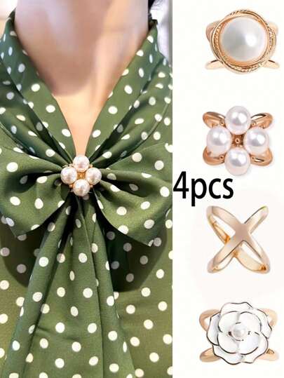4PCS Women's Gold Flower Silk Scarf Buckle Corner Knot Buckle Ring With Silk Scarf Fixed Buckle Accessories Women