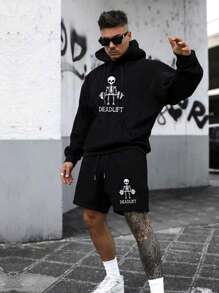 Men's Casual Letter & Skull Print Drawstring Hoodies And Shorts 2pcs Set, Spring Autumn