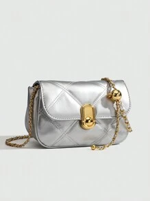 休闲百搭纯色纹理小众设计时尚女士通勤别致迷你方形链条斜挎包 - 銀色 - 查看 3