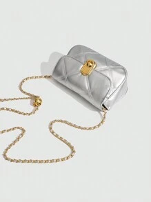 休闲百搭纯色纹理小众设计时尚女士通勤别致迷你方形链条斜挎包 - 銀色 - 查看 5