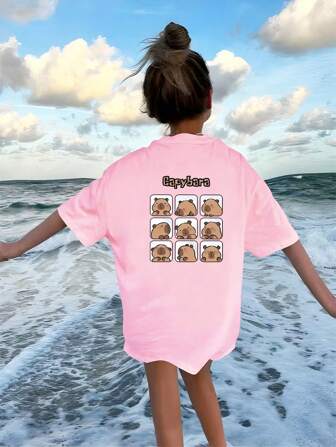 Tween Girls Loose Casual Letter & Capybara Graphic Print Round Neck Short Sleeve T-Shirt