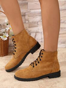 Women's Round Toe Lace-Up Yellow Fashion Boots - Brown - View 3