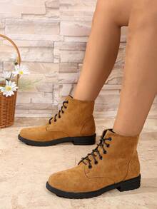 Women's Round Toe Lace-Up Yellow Fashion Boots - Brown - View 5