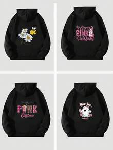 Customized/Group Uniforms/Dance Team Uniforms/Logo Customization/Christmas/Halloween/Thanksgiving Design Customization/Custom Gift For Her/Work Uniform Customization/Advertisement Logo Customization/Women's Autumn/Winter Hooded Sweatshirt Back Design Customization Easy Costume, Minimal Chic, Casual Unique, Custom Treasurefinds, Belle Costume Ideal Gifts For Her Family, Friends, Children, Pink Girls For Mother's Day, For Children's Day, For Vacation - Black - View 4