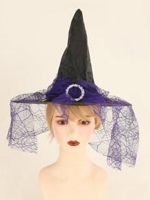 1pc Polyester Witch Hat With Veil Headpiece For Halloween Costume