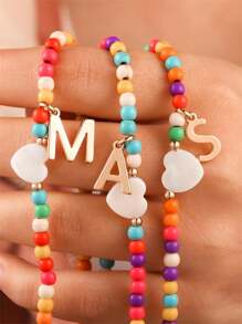 1pc Elegant Teen Girls Gold Stainless Steel 26 Alphabet Letter & Colorful Plastic Bead Heart Pendant Necklace, Suitable As Gift For Bestie, Schoolmate Or Friend