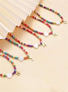 1pc Elegant Teen Girls Gold Stainless Steel 26 Alphabet Letter & Colorful Plastic Bead Heart Pendant Necklace, Suitable As Gift For Bestie, Schoolmate Or Friend