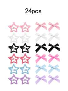 24 件/套女士时尚彩色蝴蝶结星星发夹优雅公主芭蕾 Y2K 风格迷你发饰适合日常使用可爱粉色发饰