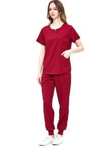 Nursing Uniforms Ladies Solid Color Pocket Short Sleeve Nurse Uniform Set - Burgundy - View 4
