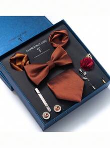AlanKing 1set Orange Necktie, Pocket Square, Cufflinks, Boutonniere Suit For Men, Wedding Party Formal Gift Box Christmas