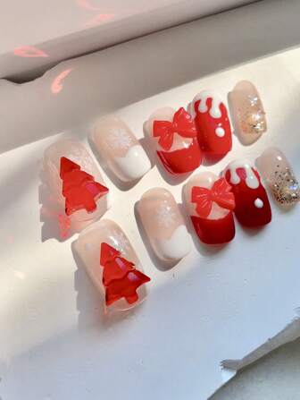 1Set 10Pcs Handmade Nail Art Stickers, Christmas Themed Bow, Snowflake, Christmas Tree, Mid Length, Removable Press On Nails Nail Supplies Nails