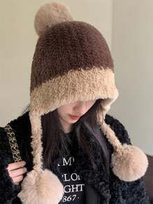 Cozy Winter Beanie With Ear Flaps - Cute Plush Pom-Pom, Thick Thermal Lined Knit Hat For Women, Stretchy Winter Hats For Women Embroidered Hat Halloween