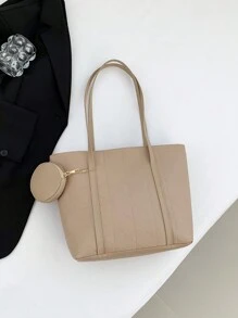 2 件装母女手提包套装带零钱包，时尚大容量绗缝格子手提单肩包女士 - 卡其色 - 查看 7