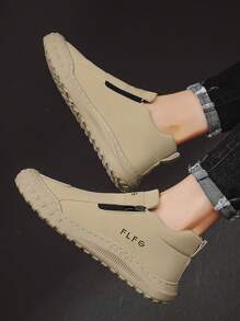 Giày thể thao thường ngày cho nam, Giày nam thu đông mới, Giày thoải mái, thiết kế không dây, khóa kéo bên hông, chất liệu da PU chống trượt, chống mài mòn, chống thấm nước, chống bẩn, tối giản, in chữ, giày thường ngày cho nam giới trẻ tuổi, giày da đế dày, phong cách đường phố cá nhân hóa ngoài trời, chống thấm nước, kiểu dáng thời trang, giày bảo hộ lao động dự tiệc có đế lốp, giày Guam, giày đi bộ đường dài ngoài trời cho nam, bốt Chelsea cho nam giới trẻ tuổi, giày thường ngày dự tiệc ngoài trời thời trang - Màu Khaki - Xem 2