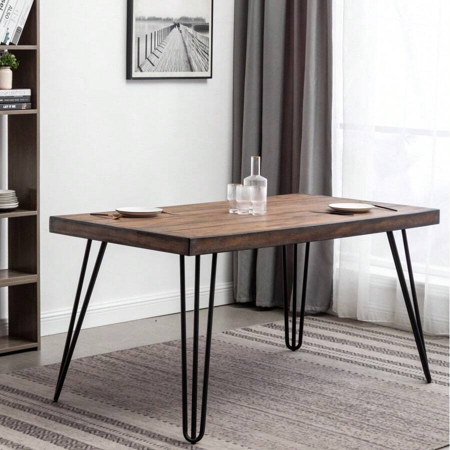 Aryven Industrial Metal Hairpin Design Dining Table, Rustic Dark Pine - Brown+MDF+Metal as Pic - View 1